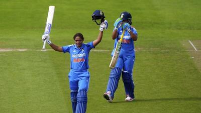 India's Harmanpreet Kaur celebrates her century during the third women's one day international match at Riverside, Chester-le-Street on Tuesday. (AP) India's Harmanpreet Kaur celebrates her century during the third women's one day international match at Riverside, Chester-le-Street on Tuesday. (AP)