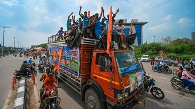 Several trucks with Kanwar Yatris seen carrying holy water from Haridwar via Dak Kanwar during the yatra.&nbsp; (Sanchit Khanna/Hindustan Times)