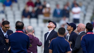 Shubman Gill and Ben Stokes during the toss before the fourth test cricket match between India and England, at the Old Trafford Cricket Ground, in Manchester (PTI) Shubman Gill and Ben Stokes during the toss before the fourth test cricket match between India and England, at the Old Trafford Cricket Ground, in Manchester (PTI)