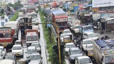Pune, India - July 21, 2017:Traffic Jam at Wakkad bridge to Shivaji chowk Hinjewadi IT Park in Pune, India, on Friday, July 21, 2017. (HT PHOTO)