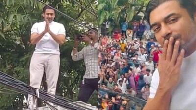 Videos and pictures of Suriya greeting fans outside his home on his birthday are doing the rounds on social media. Videos and pictures of Suriya greeting fans outside his home on his birthday are doing the rounds on social media.