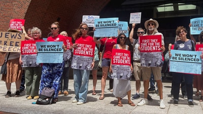 Demonstrators outside the federal courthouse in Boston, protesting the Trump administration’s arrest and deportation of pro-Palestinian campus activists. Demonstrators outside the federal courthouse in Boston, protesting the Trump administration’s arrest and deportation of pro-Palestinian campus activists.