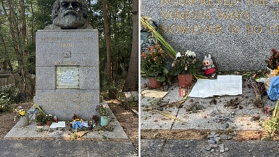 The wildly popular designer Labubu toy was seen perched against Karl Marx’s tombstone. (X/@Uaitniu) The wildly popular designer Labubu toy was seen perched against Karl Marx’s tombstone. (X/@Uaitniu)
