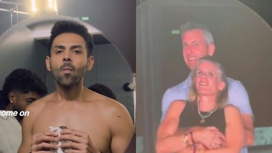 Kartik Aaryan recreates the viral clip from Coldplay's 'kiss cam'.