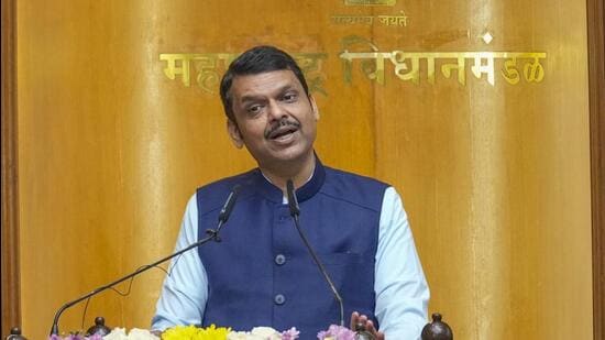 Mumbai: Maharashtra Chief Minister Devendra Fadnavis speaks during a ceremony held in Chief Justice of India B.R. Gavai's honour by the Maharashtra legislature, at Vidhan Bhavan, in Mumbai, Tuesday, July 8, 2025. (PTI Photo/Kunal Patil)(PTI07_08_2025_000236B) (PTI)