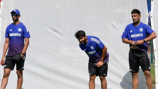From left, India's Prasidh Krishna, Shardul Thakur, Anshul Kamboj train (PTI)