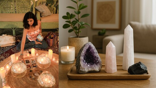 Amethyst, rose quartz and selenite used as home decor crystals add calming energy while creating stylish, wellness-inspired corners.