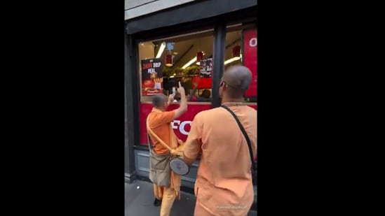 In the new viral video, a group of devotees is seen outside KFC, singing the 'Hare Krishna' mantra.