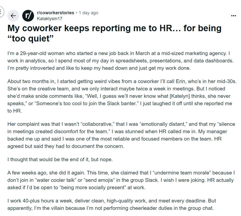 Reddit reacts after a woman claimed she was called out for skipping small talk at work. (@Kataklsym17/Reddit) Reddit reacts after a woman claimed she was called out for skipping small talk at work. (@Kataklsym17/Reddit)