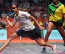 BIRMINGHAM, ENGLAND - JULY 29: Anahat Singh of Team India plays a shot against Jada Ross of Team Saint Vincent and the Grenadines during the Men's/Women's Singles Round of 64 Match on day one of the Birmingham 2022 Commonwealth Games at University of Birmingham Hockey & Squash Centre on July 29, 2022 on the Birmingham, England. (Photo by Eddie Keogh/Getty Images) (Getty Images)