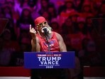 Former pro wrestler Hulk Hogan speaks at a campaign rally for President Donald Trump