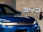 A BYD ATTO 3 electric vehicle is displayed at the BYD Pakistan Metropole Experience Center, in Karachi, Pakistan July 23, 2025. 