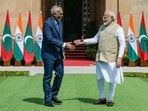 New Delhi, India - Oct. 7, 2024: Prime Minister Narendra Modi and Maldives President Mohamed Muizzu shake hands before their meeting at the Hyderabad House in New Delhi, India, on Monday, October 7, 2024. (Photo by RAJ K RAJ / Hindustan Times)(RAJ K RAJ /HT PHOTO)