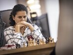 India's Koneru Humpy reacts during semifinal chess match against China's Tingjie Lei at FIDE Women's World Cup 2025