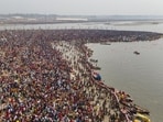 An aerial view of devotees taking a holy dip at Sangam during the Maha Kumbh Mela festival in Prayagraj district of Uttar Pradesh.