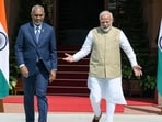 Prime Minister Narendra Modi and Maldives President Mohamed Muizzu before their meeting at the Hyderabad House in New Delhi on October 7. (RAJ K RAJ /HT Photo)