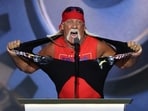Hulk Hogan, professional entertainer and wrestler, tears his shirt open as he speaks on Day 4 of the Republican National Convention (RNC), at the Fiserv Forum in Milwaukee, Wisconsin, U.S..