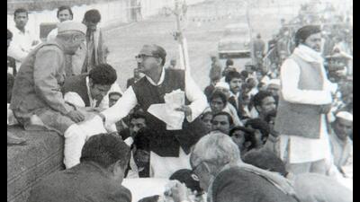 A young Rajendra Chaudhary addressing a rally in Delhi’s Ramleela Maidan in 1975. (Sourced) A young Rajendra Chaudhary addressing a rally in Delhi’s Ramleela Maidan in 1975. (Sourced)