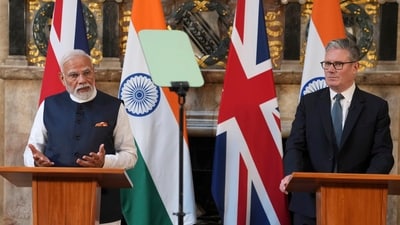 Britain's Prime Minister Keir Starmer and Prime Minister Narendra Modi of India speak during a press conference after signing a free trade agreement at Chequers near Aylesbury, England, Thursday, July 24, 2025. (AP) Britain's Prime Minister Keir Starmer and Prime Minister Narendra Modi of India speak during a press conference after signing a free trade agreement at Chequers near Aylesbury, England, Thursday, July 24, 2025. (AP)