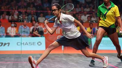 BIRMINGHAM, ENGLAND - JULY 29: Anahat Singh of Team India plays a shot against Jada Ross of Team Saint Vincent and the Grenadines during the Men's/Women's Singles Round of 64 Match on day one of the Birmingham 2022 Commonwealth Games at University of Birmingham Hockey & Squash Centre on July 29, 2022 on the Birmingham, England. (Photo by Eddie Keogh/Getty Images) (Getty Images) BIRMINGHAM, ENGLAND - JULY 29: Anahat Singh of Team India plays a shot against Jada Ross of Team Saint Vincent and the Grenadines during the Men's/Women's Singles Round of 64 Match on day one of the Birmingham 2022 Commonwealth Games at University of Birmingham Hockey & Squash Centre on July 29, 2022 on the Birmingham, England. (Photo by Eddie Keogh/Getty Images) (Getty Images)