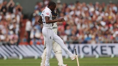 Jofra Archer celebrates the dismissal of Rishabh Pant, having bowled him in a near-identical manner as at Lord's, sending the off-stump cartwheeling. (Action Images via Reuters)
