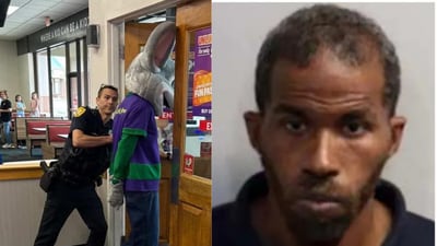 Chuck E Cheese mascot being arrested in Tallahassee (L, Photo: X) and Jermell J Jones (R, Leon County Sheriff's Office) the employee who was arrested. Chuck E Cheese mascot being arrested in Tallahassee (L, Photo: X) and Jermell J Jones (R, Leon County Sheriff's Office) the employee who was arrested.