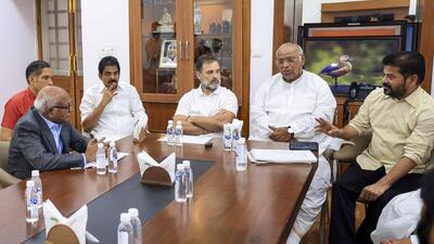 Congress president Mallikarjun Kharge and leader of Opposition in Lok Sabha Rahul Gandhi along with Telangana chief minister Revanth Reddy during a meeting as part of the party’s Social Justice 2.0 movement, in New Delhi. (ANI) Congress president Mallikarjun Kharge and leader of Opposition in Lok Sabha Rahul Gandhi along with Telangana chief minister Revanth Reddy during a meeting as part of the party’s Social Justice 2.0 movement, in New Delhi. (ANI)