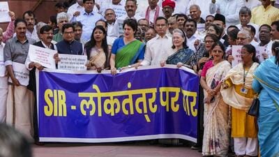 Congress’s Sonia Gandhi and Priyanka Gandhi Vadra among opposition members at a protest over the electoral roll revision. (PTI)