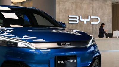 A BYD ATTO 3 electric vehicle is displayed at the BYD Pakistan Metropole Experience Center, in Karachi, Pakistan July 23, 2025. (REUTERS)