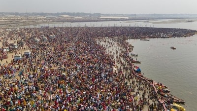 An aerial view of devotees taking a holy dip at Sangam during the Maha Kumbh Mela festival in Prayagraj district of Uttar Pradesh. (File) An aerial view of devotees taking a holy dip at Sangam during the Maha Kumbh Mela festival in Prayagraj district of Uttar Pradesh. (File)