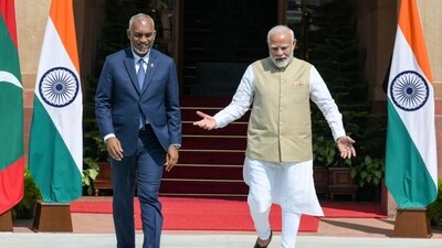 Prime Minister Narendra Modi and Maldives President Mohamed Muizzu before their meeting at the Hyderabad House in New Delhi on October 7. (RAJ K RAJ /HT Photo) Prime Minister Narendra Modi and Maldives President Mohamed Muizzu before their meeting at the Hyderabad House in New Delhi on October 7. (RAJ K RAJ /HT Photo)