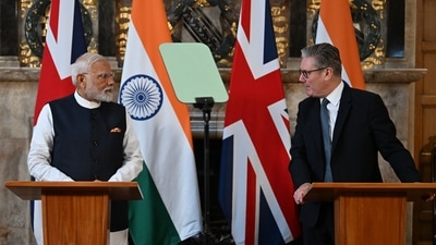 The India UK free trade agreement was signed by commerce ministers of the countries in presence of PM Modi and his British counterpart Keir Starmer. (Bloomberg) The India UK free trade agreement was signed by commerce ministers of the countries in presence of PM Modi and his British counterpart Keir Starmer. (Bloomberg)