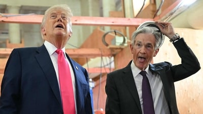 US President Donald Trump speaks with Federal Reserve chair Jerome Powell (R) as he visits the Federal Reserve in Washington, DC, on July 24, 2025. (AFP) US President Donald Trump speaks with Federal Reserve chair Jerome Powell (R) as he visits the Federal Reserve in Washington, DC, on July 24, 2025. (AFP)
