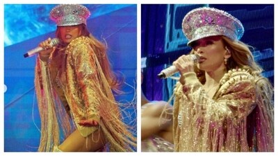 Jennifer Lopez aced the game of layering and accessorising at her concert, so much so that throwing on outerwear made it look like a whole new outfit. Wearing the silver bodysuit from earlier, she put on a dazzling, statement gold fringe jacket. Topping it off with a structured, bejewelled cap, the look amplified her stage presence, reflecting her pop queen energy well. (PC: Instagram/ Jennifer Lopez ) Jennifer Lopez aced the game of layering and accessorising at her concert, so much so that throwing on outerwear made it look like a whole new outfit. Wearing the silver bodysuit from earlier, she put on a dazzling, statement gold fringe jacket. Topping it off with a structured, bejewelled cap, the look amplified her stage presence, reflecting her pop queen energy well. (PC: Instagram/ Jennifer Lopez )
