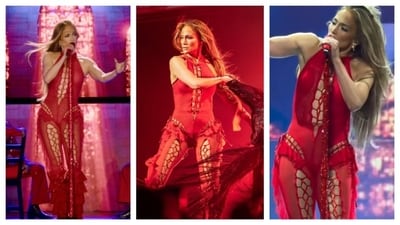 One of the outfits was a fiery red jumpsuit with tired ruffles around the pants' hem. The open crisscross panels added a sultry touch. (PC: Instagram/ Jennifer Lopez and IG/@enterticket.es) One of the outfits was a fiery red jumpsuit with tired ruffles around the pants' hem. The open crisscross panels added a sultry touch. (PC: Instagram/ Jennifer Lopez and IG/@enterticket.es)