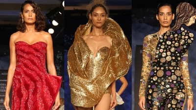 Models in Rahul Mishra's new collection Becoming Love at Hyundai India Couture Week.