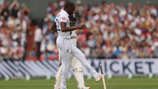 Jofra Archer celebrates the dismissal of Rishabh Pant, having bowled him in a near-identical manner as at Lord's, sending the off-stump cartwheeling.(Action Images via Reuters)