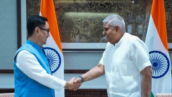 Jagdeep Dhankar with Kiren Rijiju during a meeting in New Delhi. (X/KirenRijiju/File)