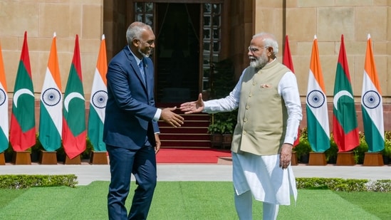 New Delhi, India - Oct. 7, 2024: Prime Minister Narendra Modi and Maldives President Mohamed Muizzu shake hands before their meeting at the Hyderabad House in New Delhi, India, on Monday, October 7, 2024. (Photo by RAJ K RAJ / Hindustan Times) (RAJ K RAJ /HT PHOTO)