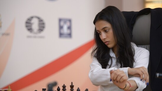 India's Divya Deshmukh reacts during her semifinal chess match against China's Tan Zhongyi. (FIDE)
