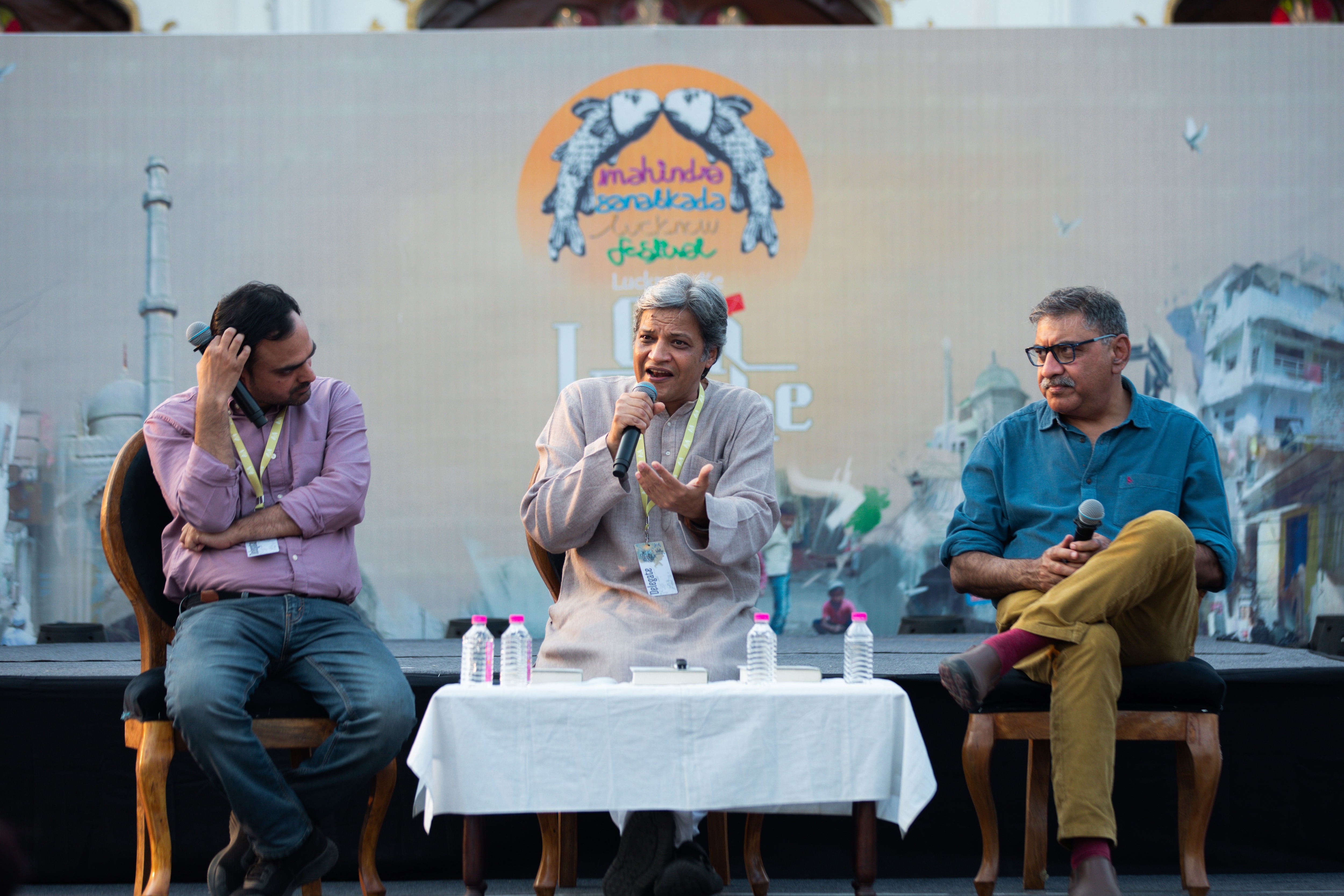 Sopan Joshi (centre) explored the history and the cultures surrounding mangoes in a conversation with Himanshu Bajpai (left) and Jamal Kidwai (right). (Courtesy Mahindra Sanatkada Lucknow Festival) Sopan Joshi (centre) explored the history and the cultures surrounding mangoes in a conversation with Himanshu Bajpai (left) and Jamal Kidwai (right). (Courtesy Mahindra Sanatkada Lucknow Festival)