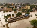 A flooded residential area after heavy monsoon showers in Pushkar, Rajasthan, on July 20.(PTI)