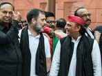 Lok Sabha LoP and Congress MP Rahul Gandhi, SP MP Akhilesh Yadav, DMK MP TR Balu and other INDIA bloc MPs during a protest against Special Intensive Revision (SIR) of electoral rolls in Bihar, during the Monsoon Session of Parliament, at Parliament premises in New Delhi on Wednesday.