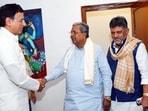 Karnataka Chief Minister Siddaramaiah with Deputy CM DK Shivakumar during a meeting with AICC General Secretary Randeep Singh Surjewala, in New Delhi. Karnataka Chief Minister Siddaramaiah with Deputy CM DK Shivakumar during a meeting with AICC General Secretary Randeep Singh Surjewala, in New Delhi.