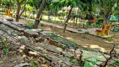 A damaged wall of the Huda park at sector-23A near Huda Market, in Gurugram on Friday. (Parveen Kumar/Hindustan Times) A damaged wall of the Huda park at sector-23A near Huda Market, in Gurugram on Friday. (Parveen Kumar/Hindustan Times)
