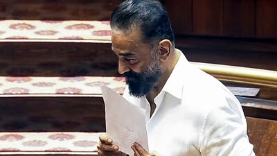 MNM, MP Kamal Haasan during his oath ceremony in the Rajya Sabha during the Monsoon Session of the Parliament, in New Delhi on Friday. (Sansad TV/ANI Video Grab) ( Sansad TV ANI Video Grab) MNM, MP Kamal Haasan during his oath ceremony in the Rajya Sabha during the Monsoon Session of the Parliament, in New Delhi on Friday. (Sansad TV/ANI Video Grab) ( Sansad TV ANI Video Grab)