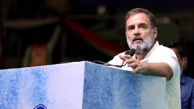 Leader of Opposition in Lok Sabha and Congress MP Rahul Gandhi addresses the party's OBC Leadership - 'Bhagidari Nyay Mahasammelan', at Talkatora Stadium in New Delhi on Friday. (AICC) Leader of Opposition in Lok Sabha and Congress MP Rahul Gandhi addresses the party's OBC Leadership - 'Bhagidari Nyay Mahasammelan', at Talkatora Stadium in New Delhi on Friday. (AICC)