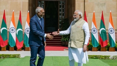 New Delhi, India - Oct. 7, 2024: Prime Minister Narendra Modi and Maldives President Mohamed Muizzu shake hands before their meeting at the Hyderabad House in New Delhi, India, on Monday, October 7, 2024. (Photo by RAJ K RAJ / Hindustan Times) (RAJ K RAJ /HT PHOTO) New Delhi, India - Oct. 7, 2024: Prime Minister Narendra Modi and Maldives President Mohamed Muizzu shake hands before their meeting at the Hyderabad House in New Delhi, India, on Monday, October 7, 2024. (Photo by RAJ K RAJ / Hindustan Times) (RAJ K RAJ /HT PHOTO)