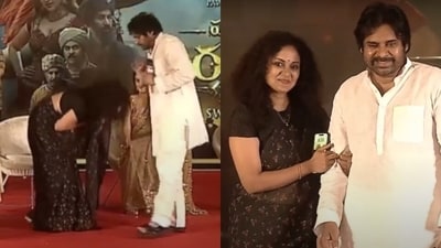 At the success meet of Hari Hara Veera Mallu, actor Nivita Manoj touched Pawan Kalyan's feet. At the success meet of Hari Hara Veera Mallu, actor Nivita Manoj touched Pawan Kalyan's feet.
