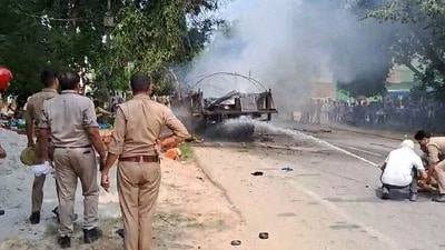 Police and fire officials at the scene of the incident in Budaun on Friday (HT Photo) Police and fire officials at the scene of the incident in Budaun on Friday (HT Photo)